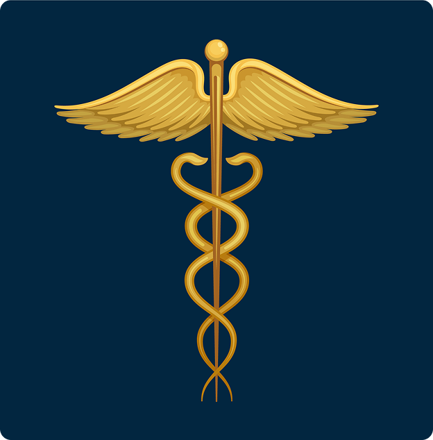 Gold caduceus medical symbol on a dark blue background.